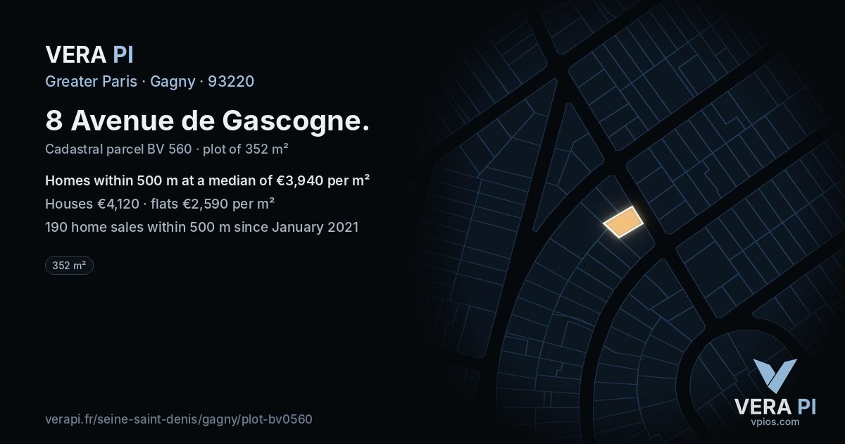 8 Avenue de Gascogne, Gagny at night – the plot lit, the parcels around coloured by the prices near them