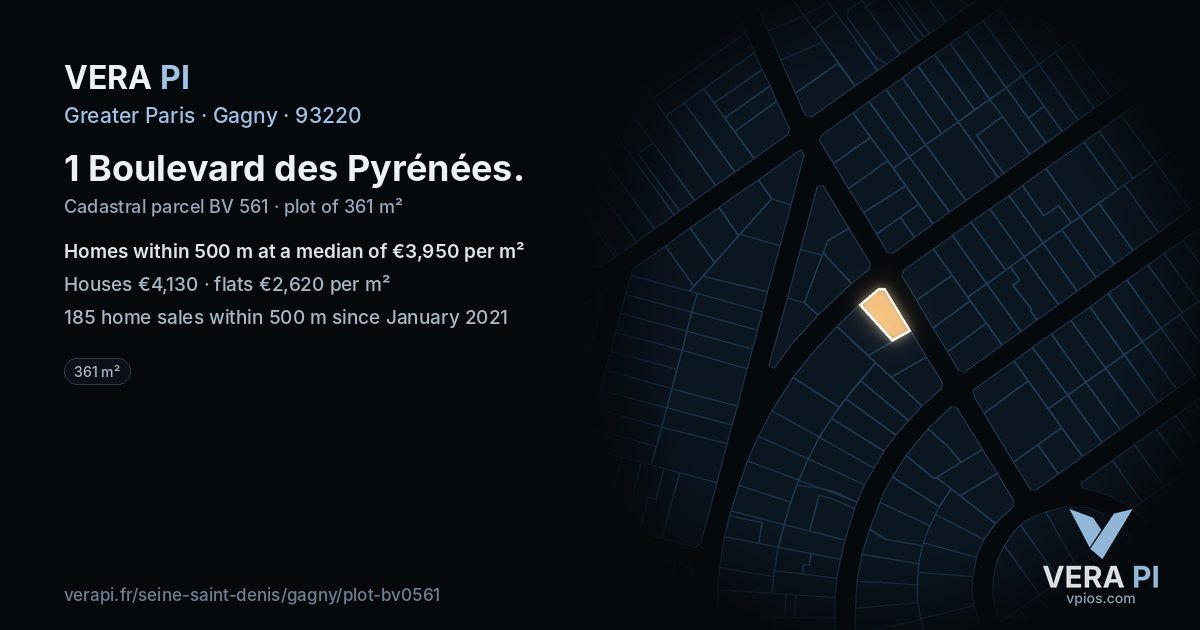 1 Boulevard des Pyrénées, Gagny at night – the plot lit, the parcels around coloured by the prices near them