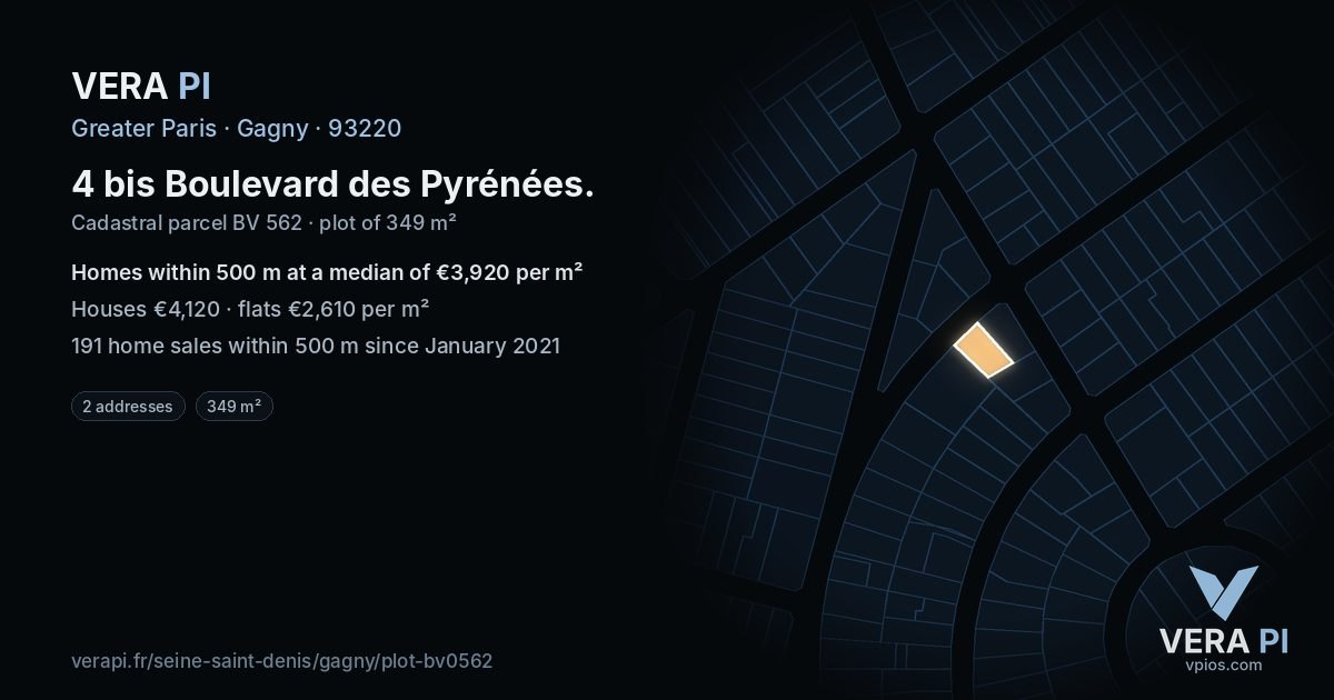 4 bis Boulevard des Pyrénées, Gagny at night – the plot lit, the parcels around coloured by the prices near them