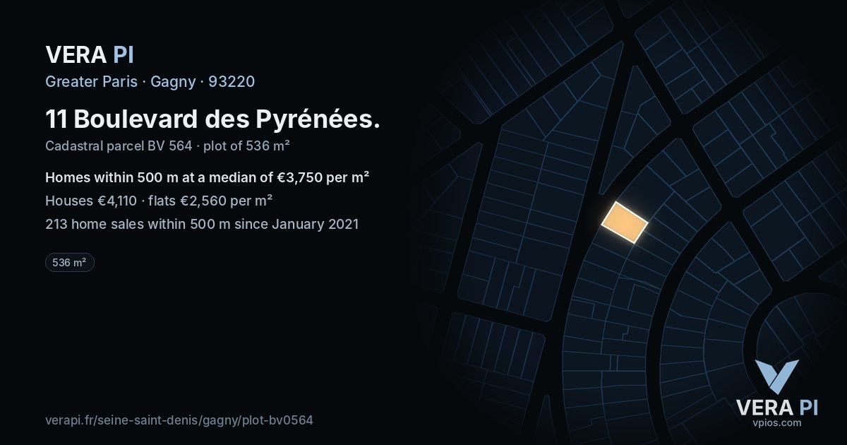 11 Boulevard des Pyrénées, Gagny at night – the plot lit, the parcels around coloured by the prices near them
