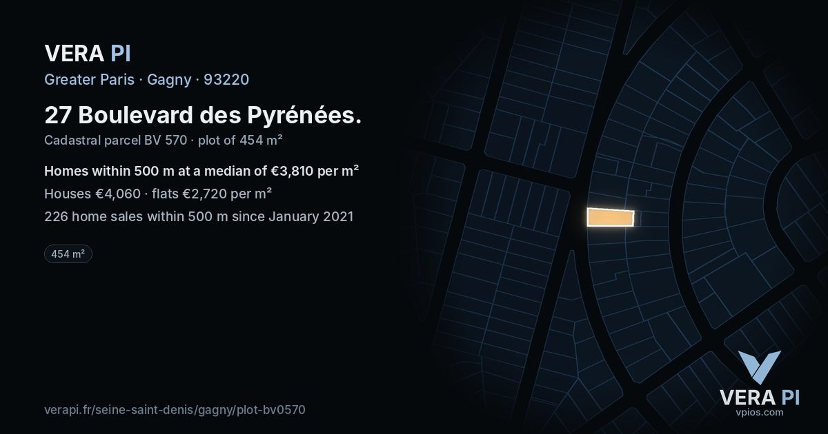 27 Boulevard des Pyrénées, Gagny at night – the plot lit, the parcels around coloured by the prices near them