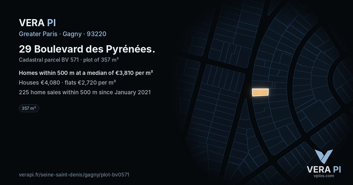 29 Boulevard des Pyrénées, Gagny at night – the plot lit, the parcels around coloured by the prices near them