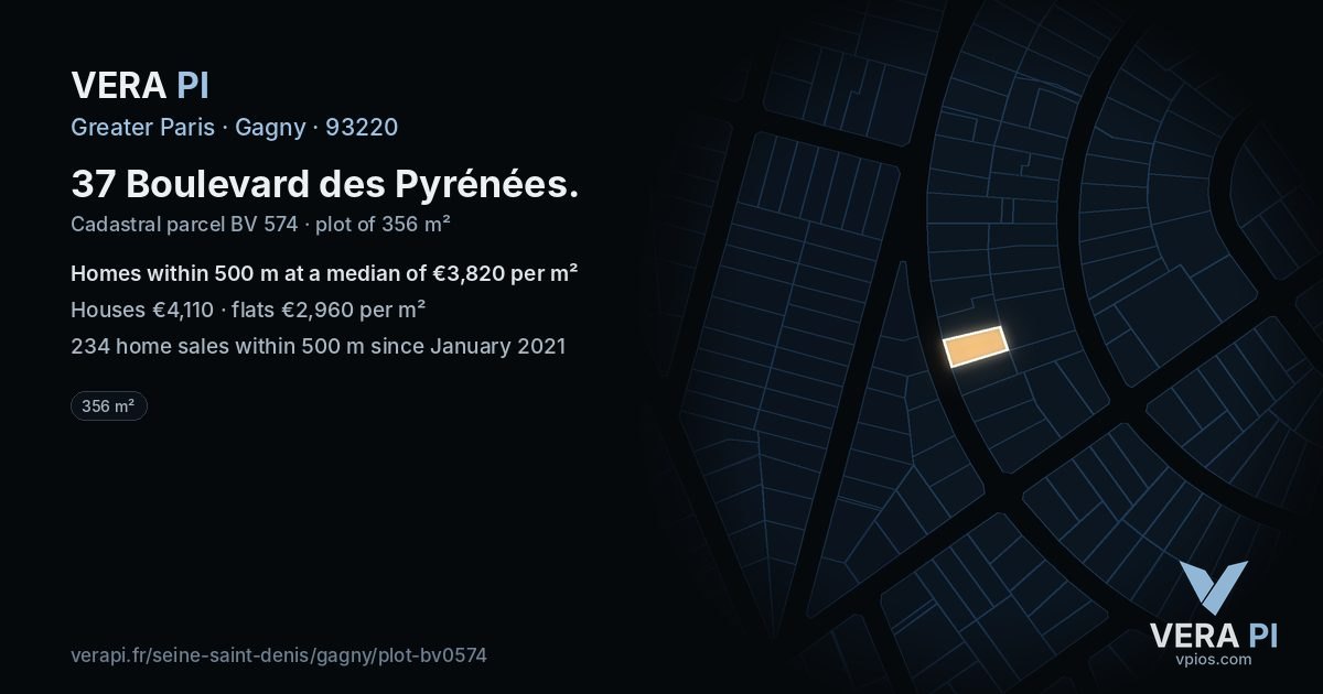 37 Boulevard des Pyrénées, Gagny at night – the plot lit, the parcels around coloured by the prices near them