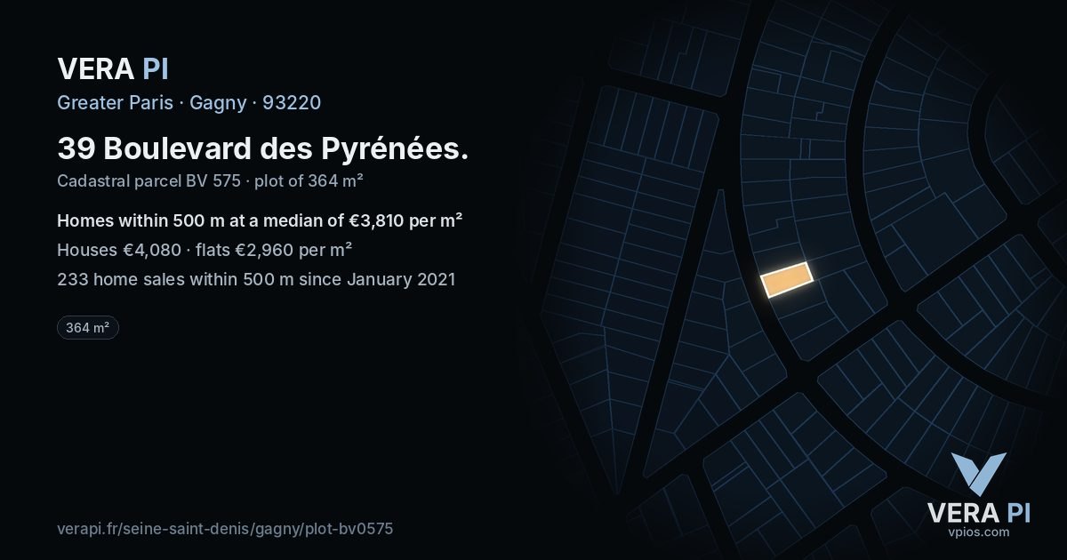 39 Boulevard des Pyrénées, Gagny at night – the plot lit, the parcels around coloured by the prices near them