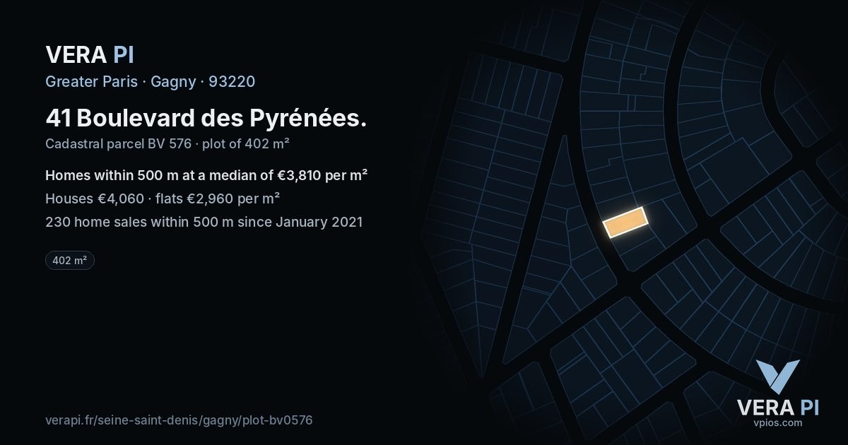 41 Boulevard des Pyrénées, Gagny at night – the plot lit, the parcels around coloured by the prices near them