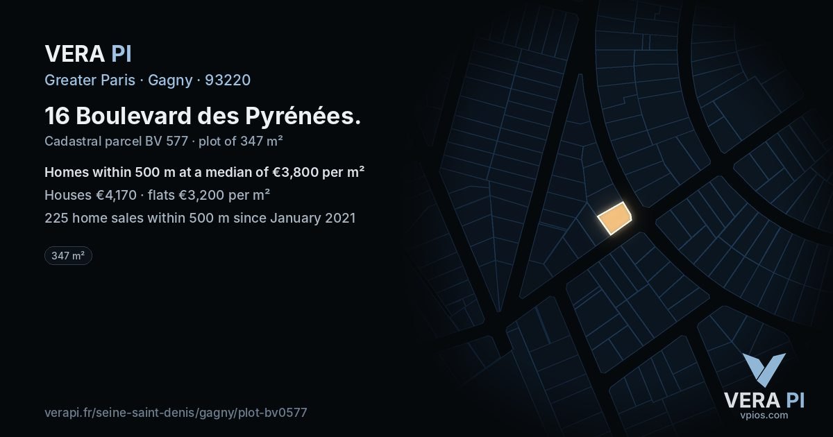 16 Boulevard des Pyrénées, Gagny at night – the plot lit, the parcels around coloured by the prices near them