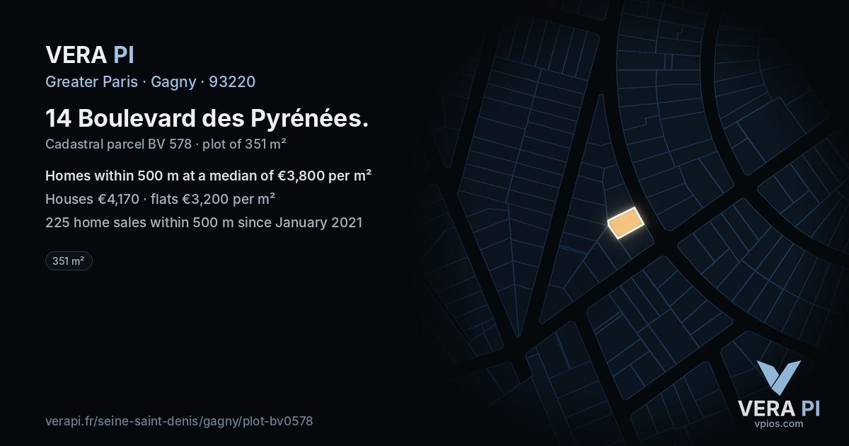 14 Boulevard des Pyrénées, Gagny at night – the plot lit, the parcels around coloured by the prices near them