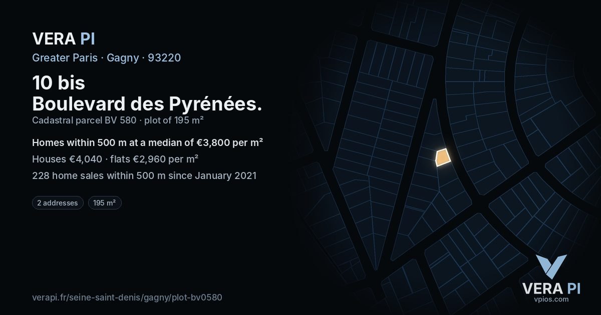 10 bis Boulevard des Pyrénées, Gagny at night – the plot lit, the parcels around coloured by the prices near them