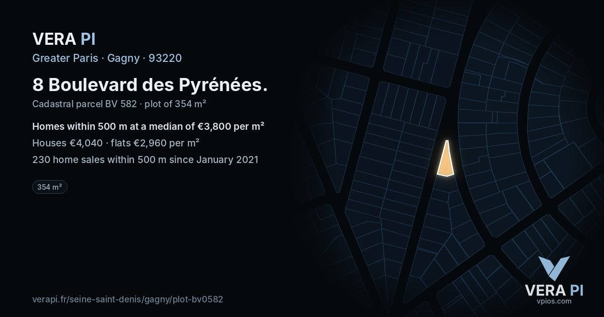 8 Boulevard des Pyrénées, Gagny at night – the plot lit, the parcels around coloured by the prices near them