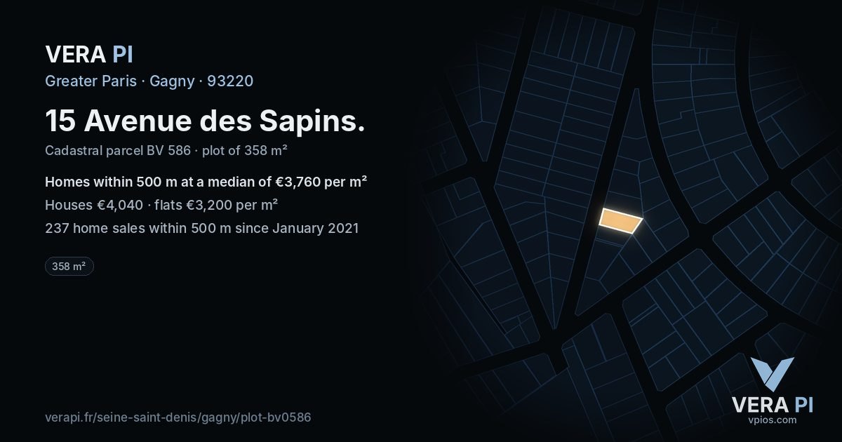 15 Avenue des Sapins, Gagny at night – the plot lit, the parcels around coloured by the prices near them