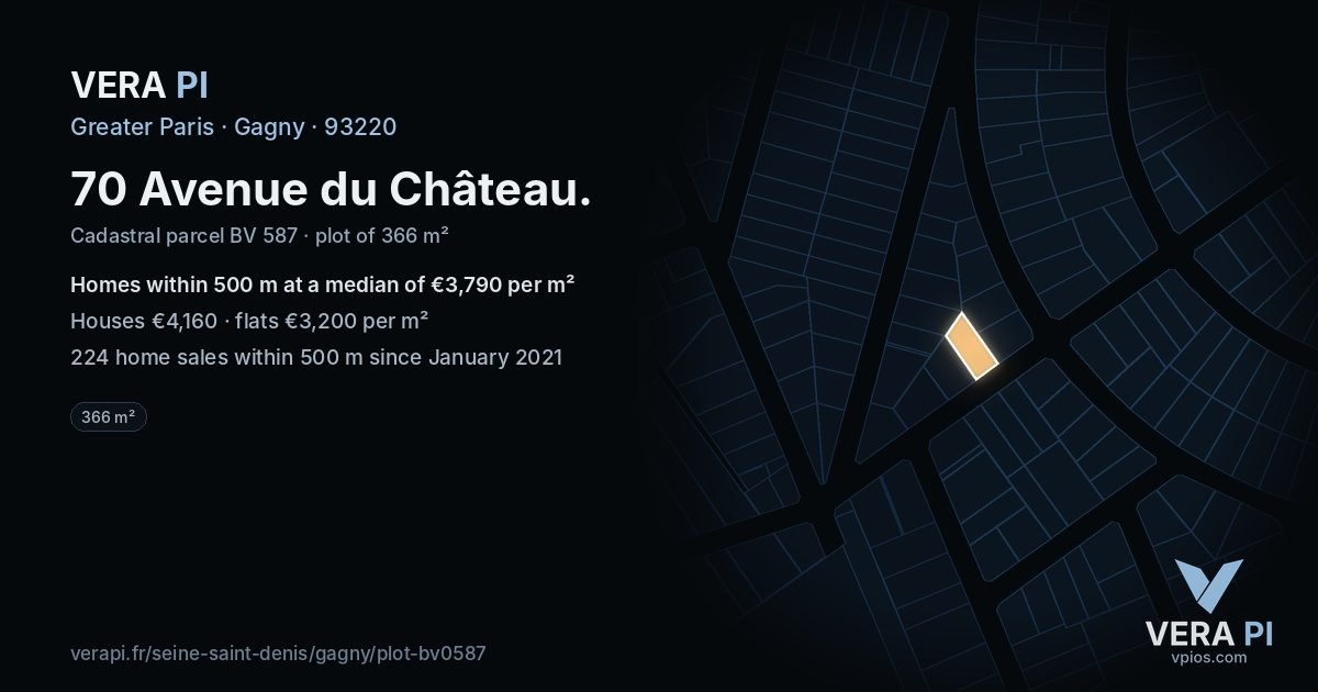 70 Avenue du Château, Gagny at night – the plot lit, the parcels around coloured by the prices near them