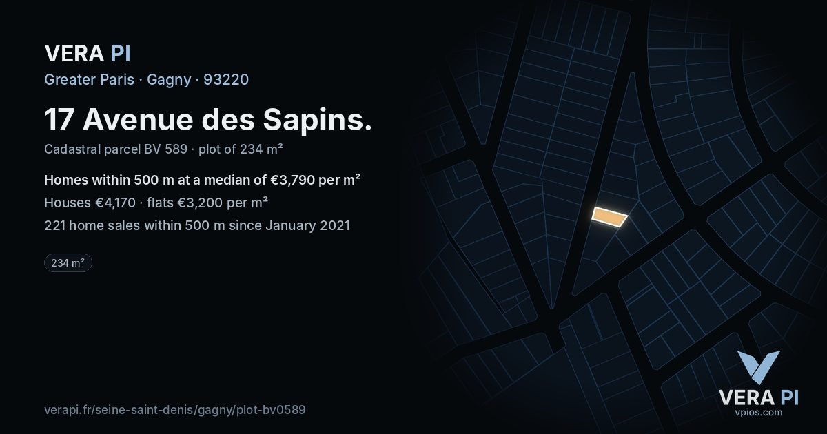 17 Avenue des Sapins, Gagny at night – the plot lit, the parcels around coloured by the prices near them