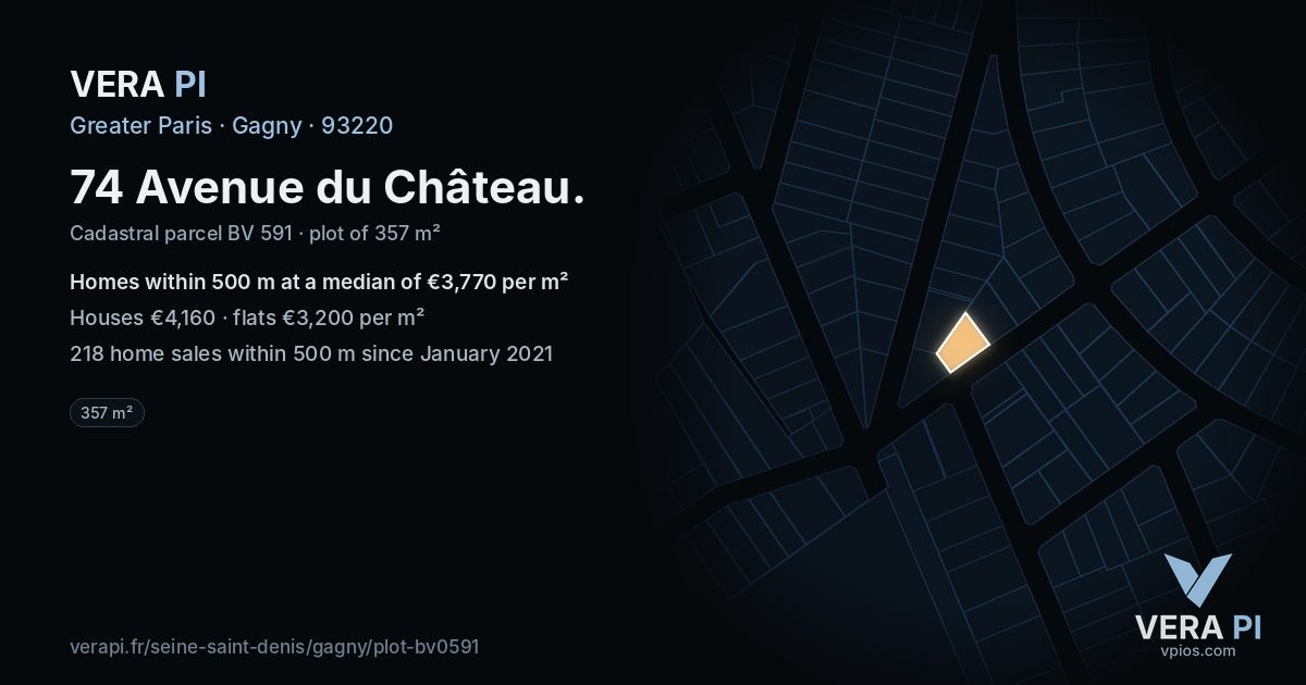 74 Avenue du Château, Gagny at night – the plot lit, the parcels around coloured by the prices near them