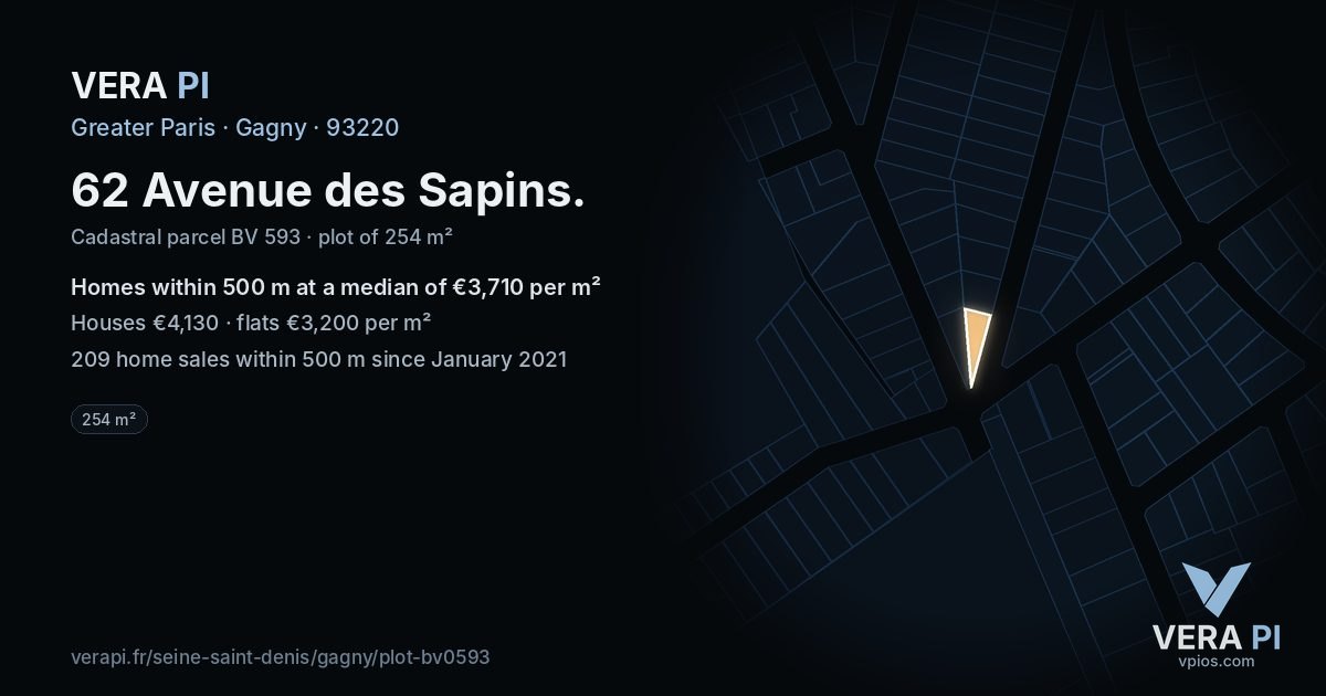62 Avenue des Sapins, Gagny at night – the plot lit, the parcels around coloured by the prices near them