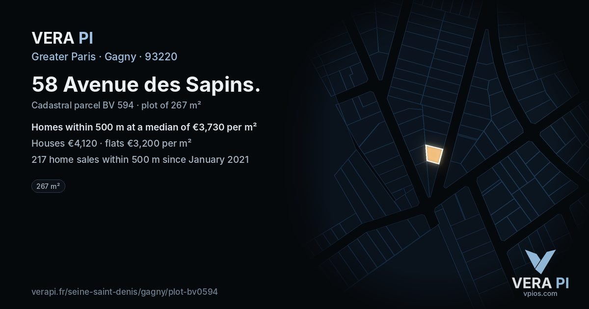 58 Avenue des Sapins, Gagny at night – the plot lit, the parcels around coloured by the prices near them