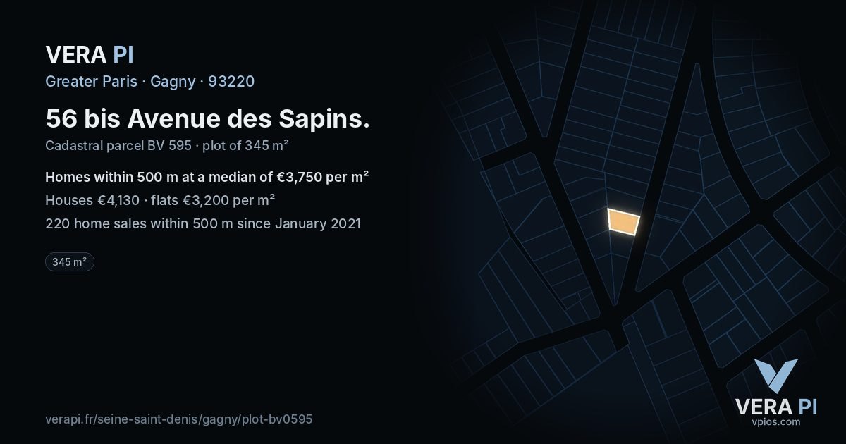 56 bis Avenue des Sapins, Gagny at night – the plot lit, the parcels around coloured by the prices near them