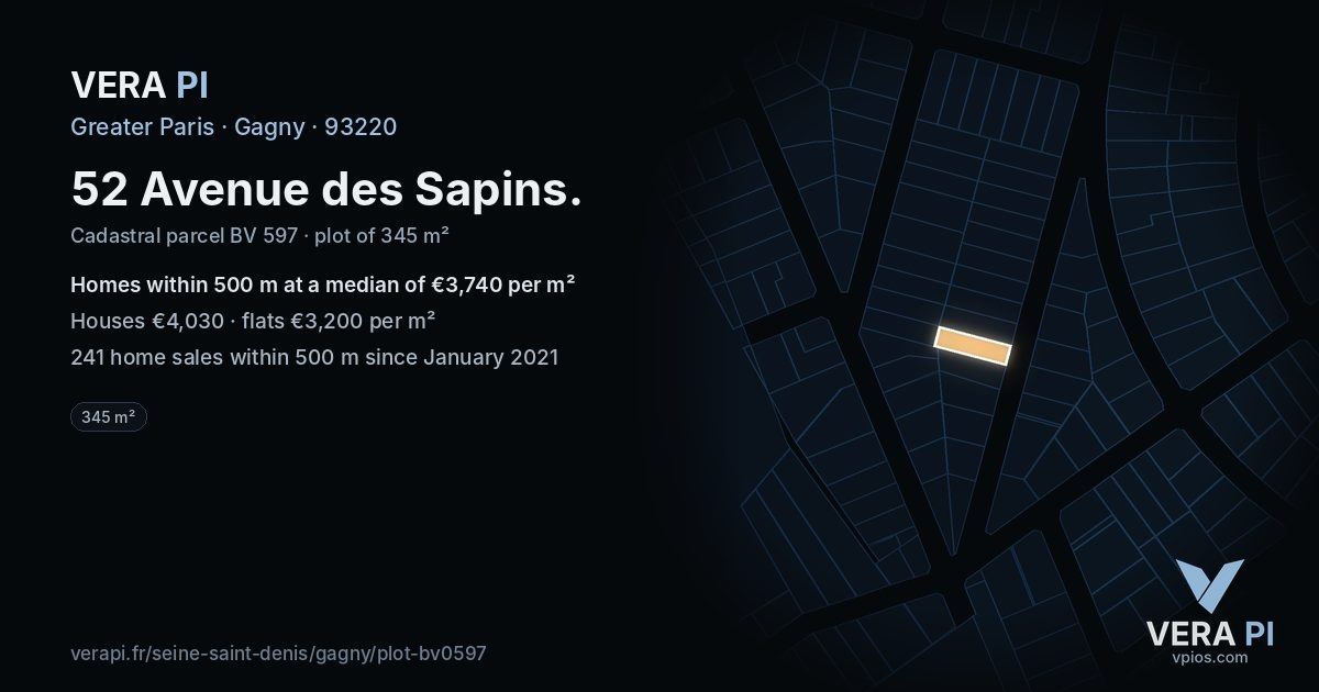 52 Avenue des Sapins, Gagny at night – the plot lit, the parcels around coloured by the prices near them