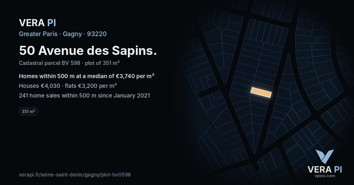 50 Avenue des Sapins, Gagny at night – the plot lit, the parcels around coloured by the prices near them