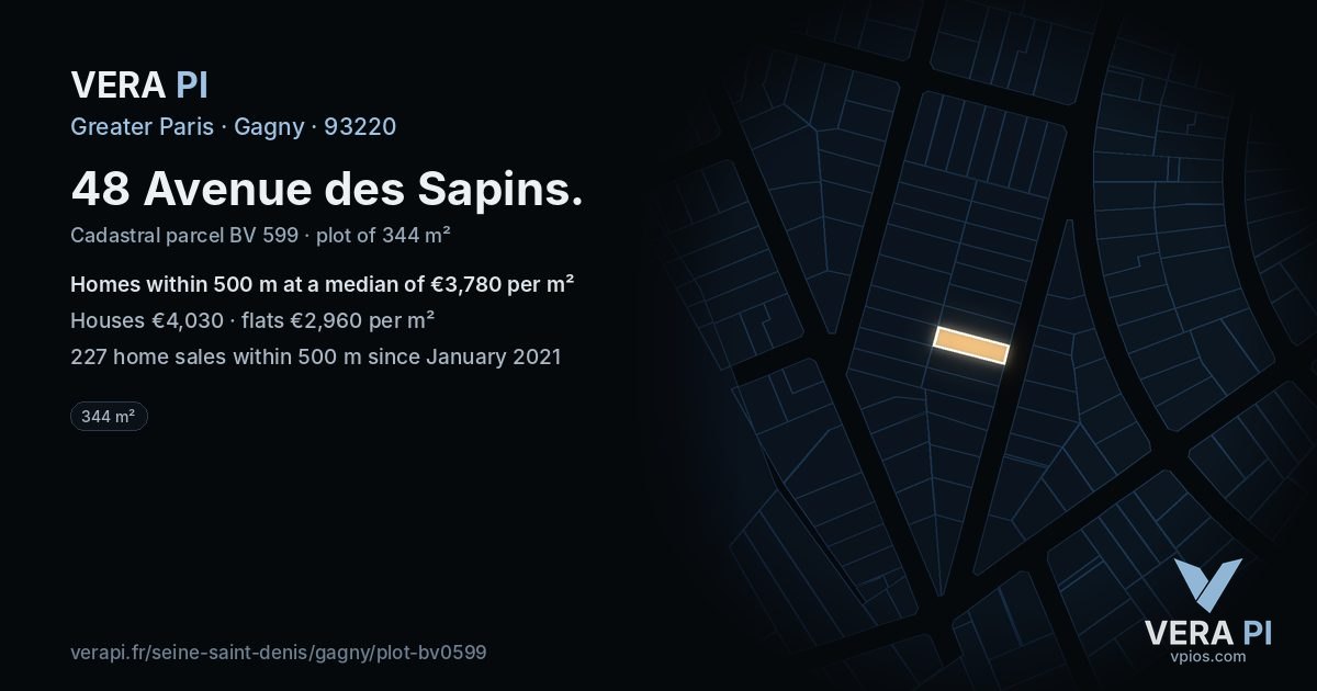48 Avenue des Sapins, Gagny at night – the plot lit, the parcels around coloured by the prices near them