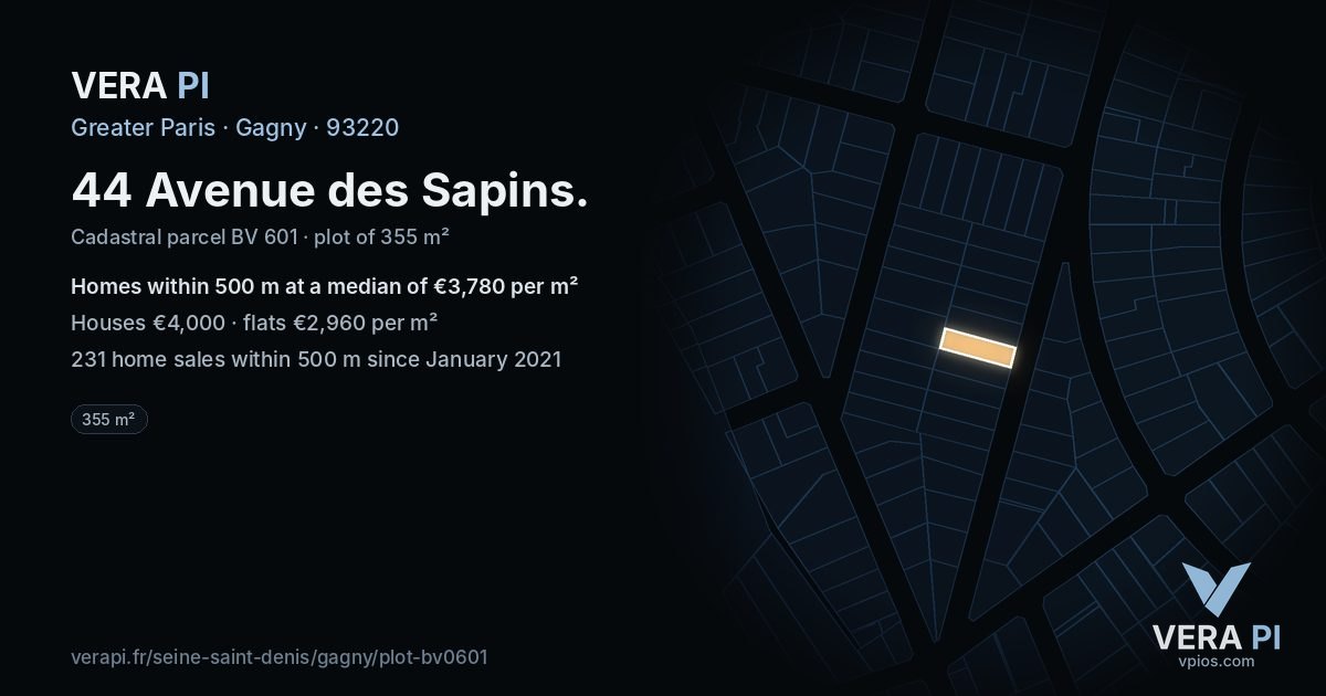 44 Avenue des Sapins, Gagny at night – the plot lit, the parcels around coloured by the prices near them