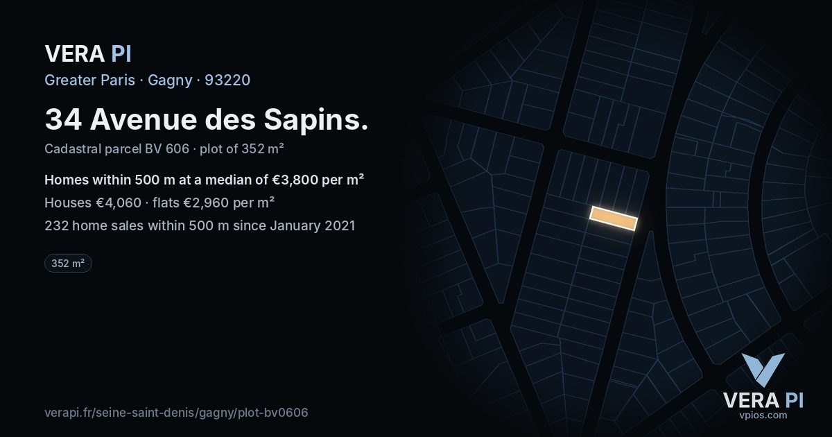 34 Avenue des Sapins, Gagny at night – the plot lit, the parcels around coloured by the prices near them