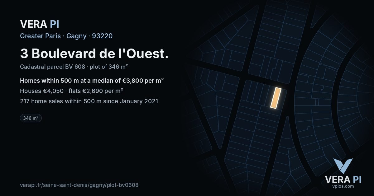 3 Boulevard de l'Ouest, Gagny at night – the plot lit, the parcels around coloured by the prices near them