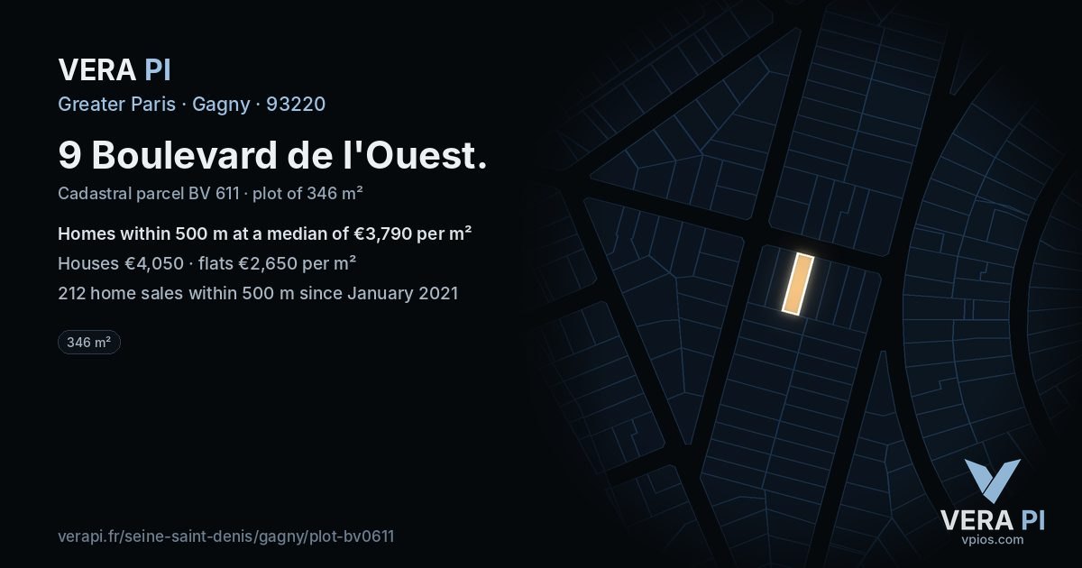 9 Boulevard de l'Ouest, Gagny at night – the plot lit, the parcels around coloured by the prices near them