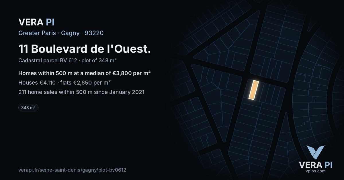 11 Boulevard de l'Ouest, Gagny at night – the plot lit, the parcels around coloured by the prices near them