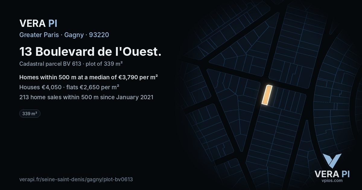 13 Boulevard de l'Ouest, Gagny at night – the plot lit, the parcels around coloured by the prices near them
