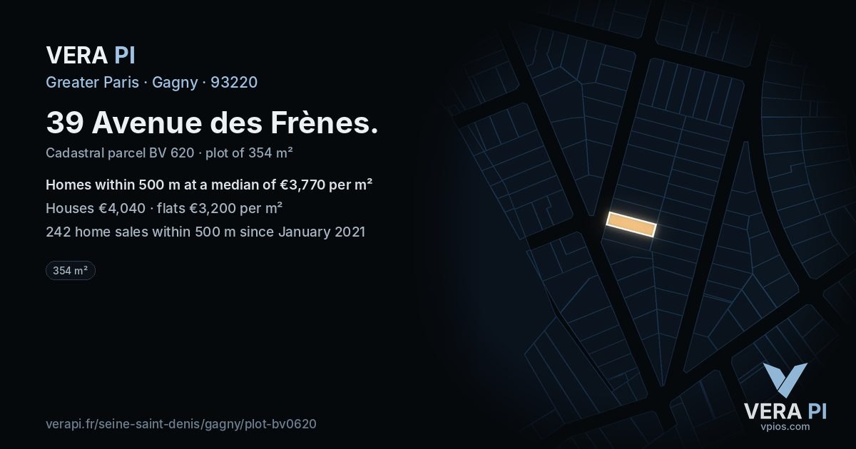 39 Avenue des Frènes, Gagny at night – the plot lit, the parcels around coloured by the prices near them