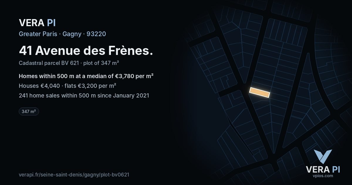 41 Avenue des Frènes, Gagny at night – the plot lit, the parcels around coloured by the prices near them