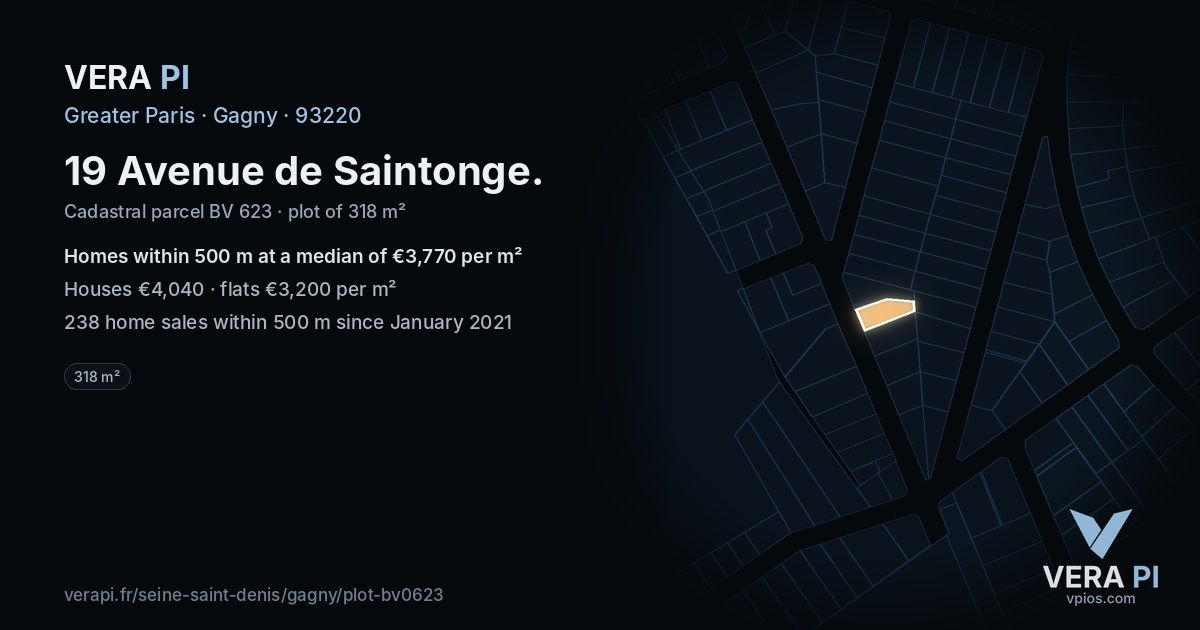 19 Avenue de Saintonge, Gagny at night – the plot lit, the parcels around coloured by the prices near them