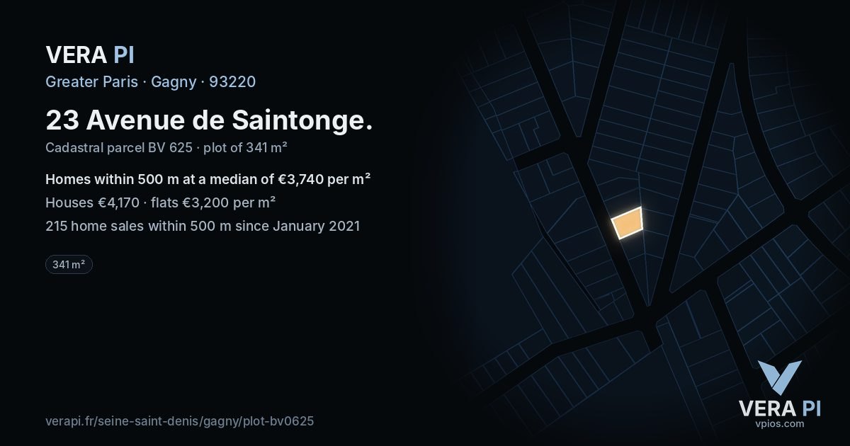 23 Avenue de Saintonge, Gagny at night – the plot lit, the parcels around coloured by the prices near them