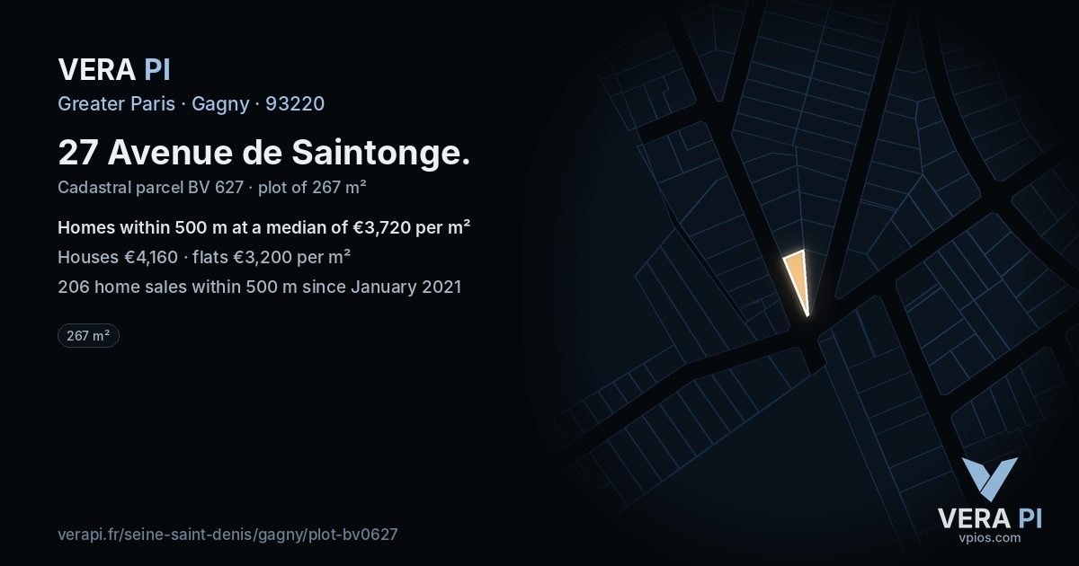 27 Avenue de Saintonge, Gagny at night – the plot lit, the parcels around coloured by the prices near them