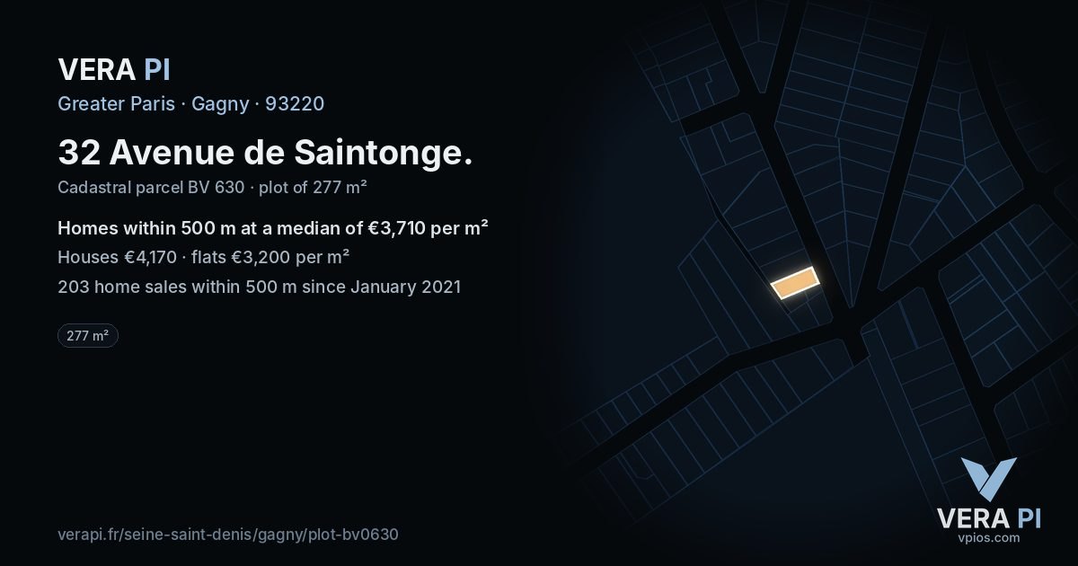 32 Avenue de Saintonge, Gagny at night – the plot lit, the parcels around coloured by the prices near them