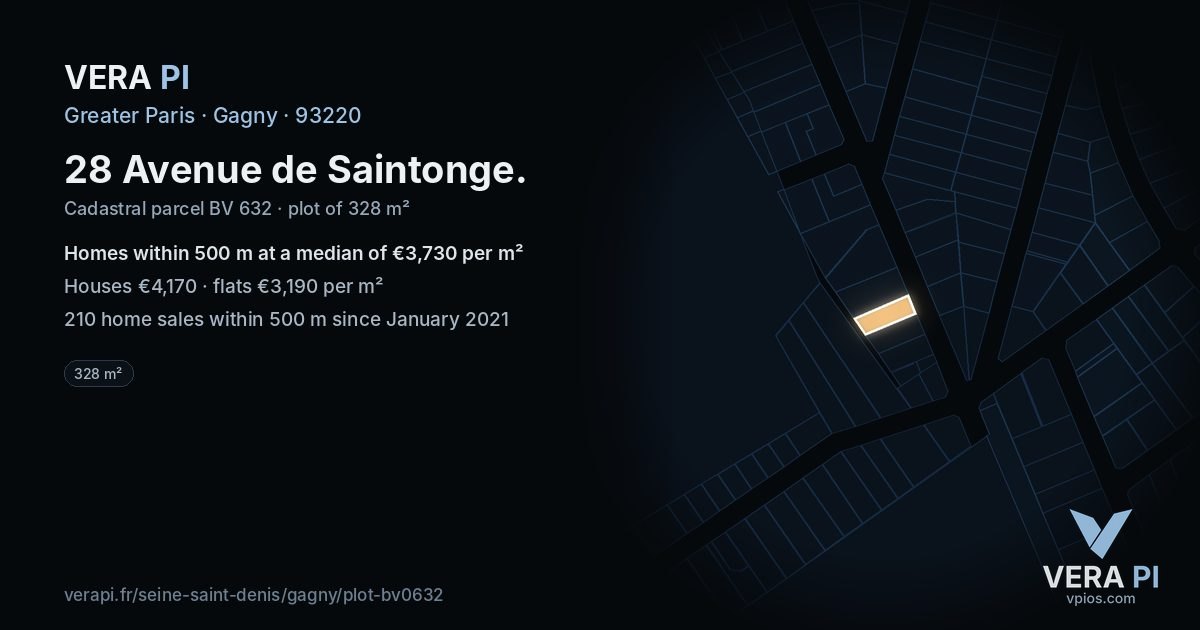 28 Avenue de Saintonge, Gagny at night – the plot lit, the parcels around coloured by the prices near them