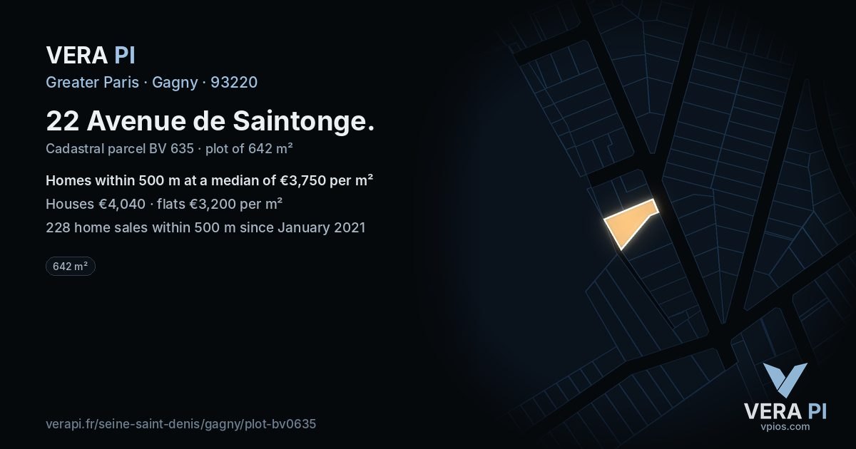 22 Avenue de Saintonge, Gagny at night – the plot lit, the parcels around coloured by the prices near them