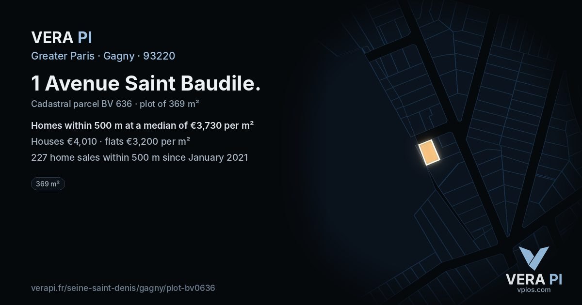 1 Avenue Saint Baudile, Gagny at night – the plot lit, the parcels around coloured by the prices near them