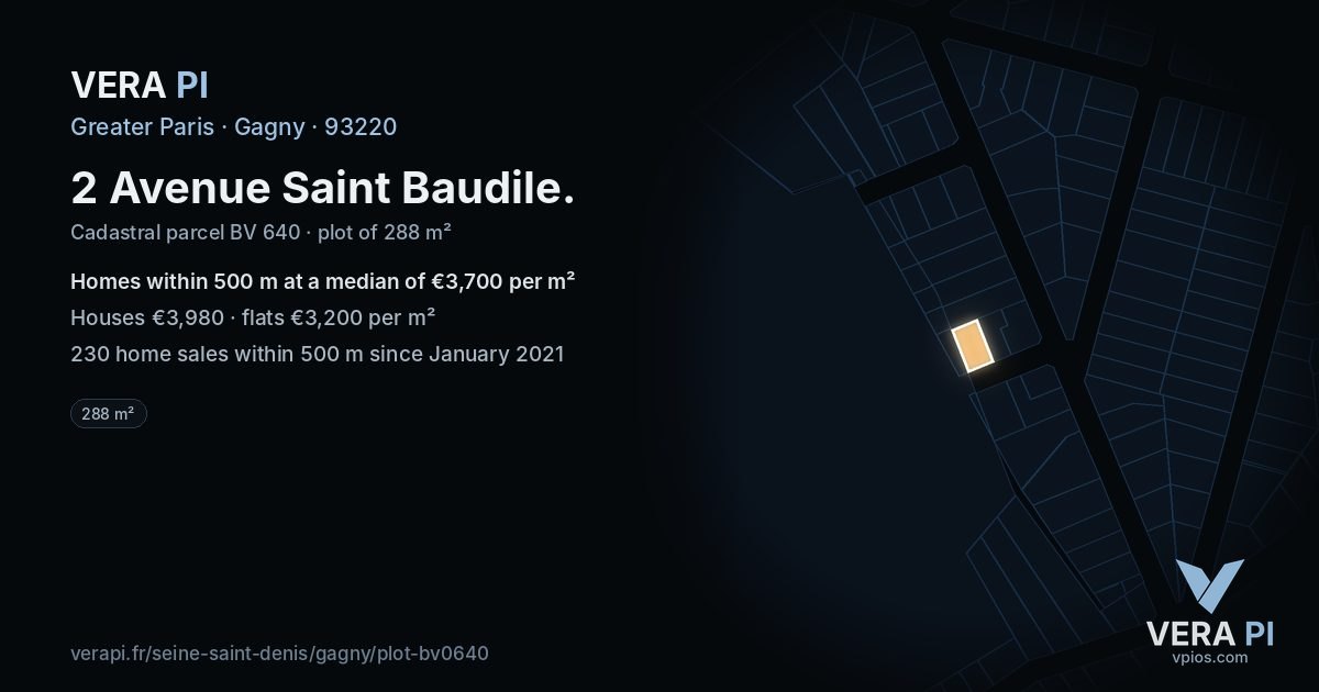 2 Avenue Saint Baudile, Gagny at night – the plot lit, the parcels around coloured by the prices near them
