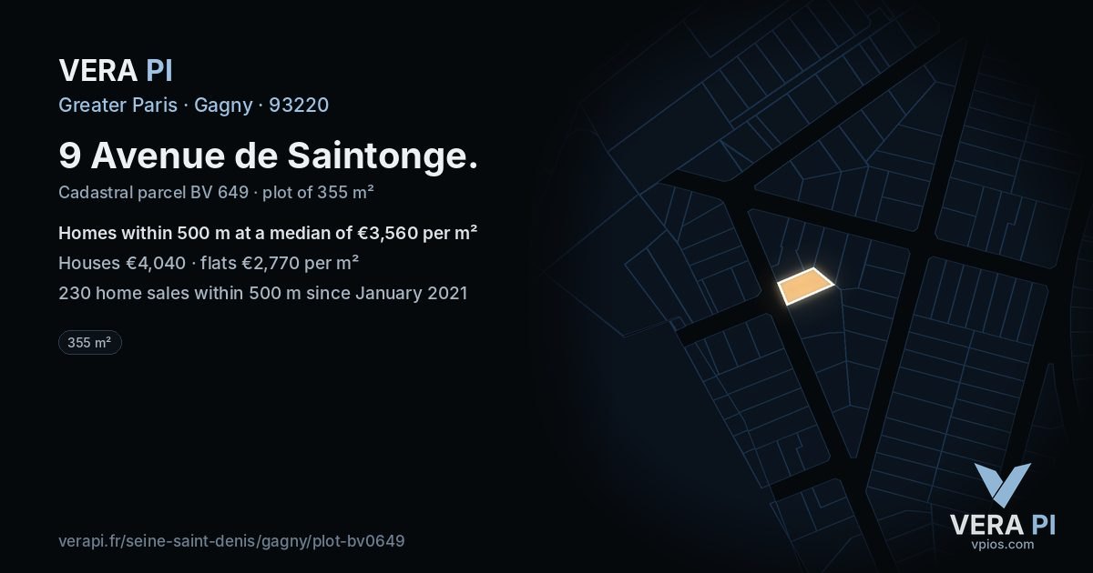 9 Avenue de Saintonge, Gagny at night – the plot lit, the parcels around coloured by the prices near them