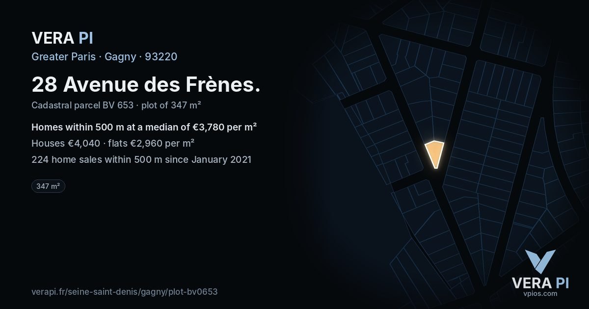 28 Avenue des Frènes, Gagny at night – the plot lit, the parcels around coloured by the prices near them