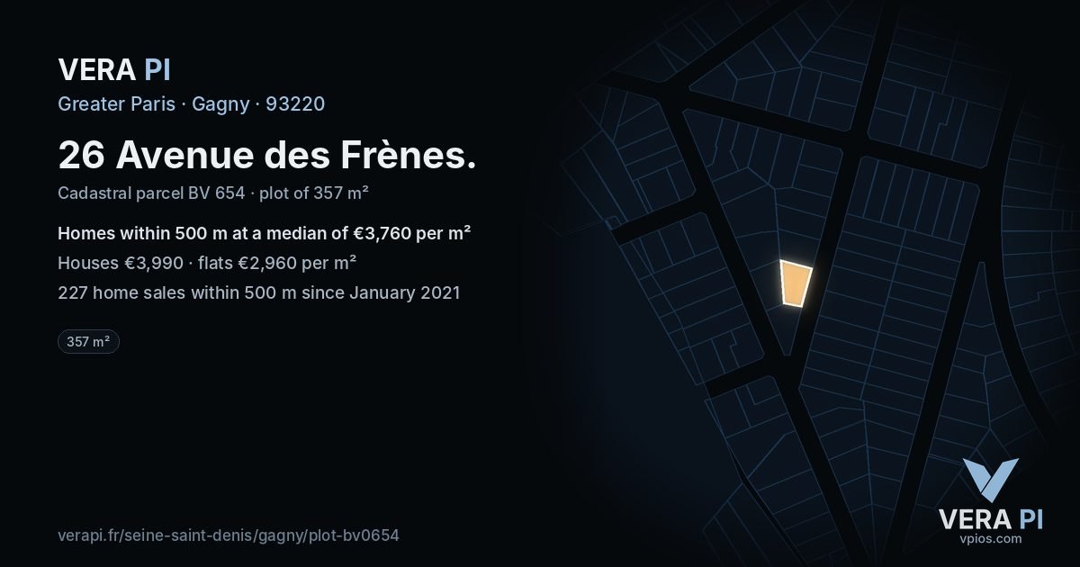 26 Avenue des Frènes, Gagny at night – the plot lit, the parcels around coloured by the prices near them