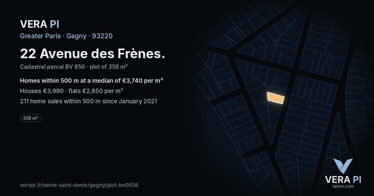 22 Avenue des Frènes, Gagny at night – the plot lit, the parcels around coloured by the prices near them