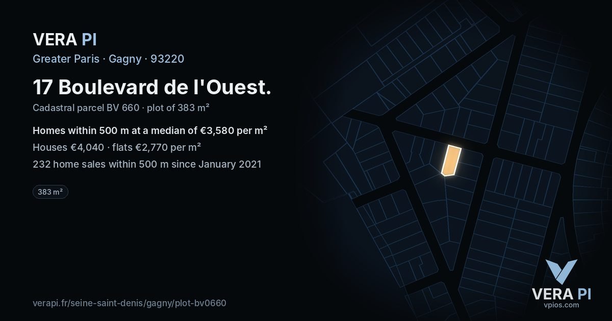 17 Boulevard de l'Ouest, Gagny at night – the plot lit, the parcels around coloured by the prices near them