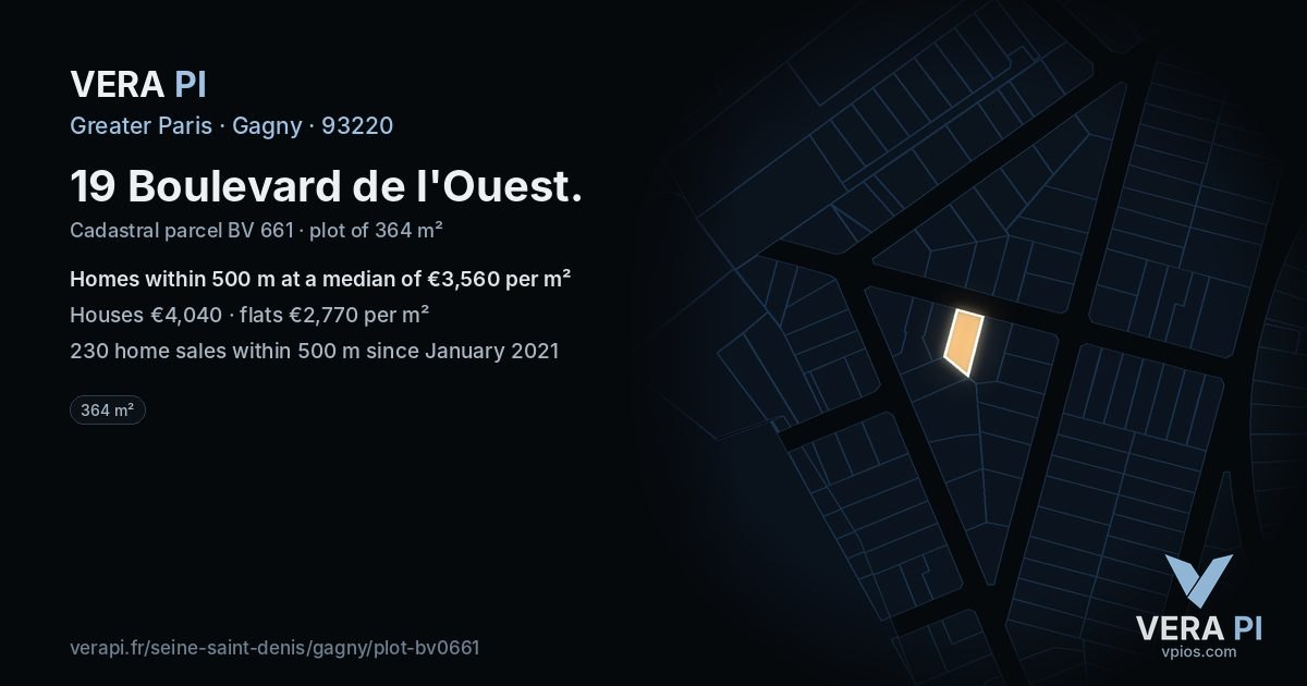 19 Boulevard de l'Ouest, Gagny at night – the plot lit, the parcels around coloured by the prices near them