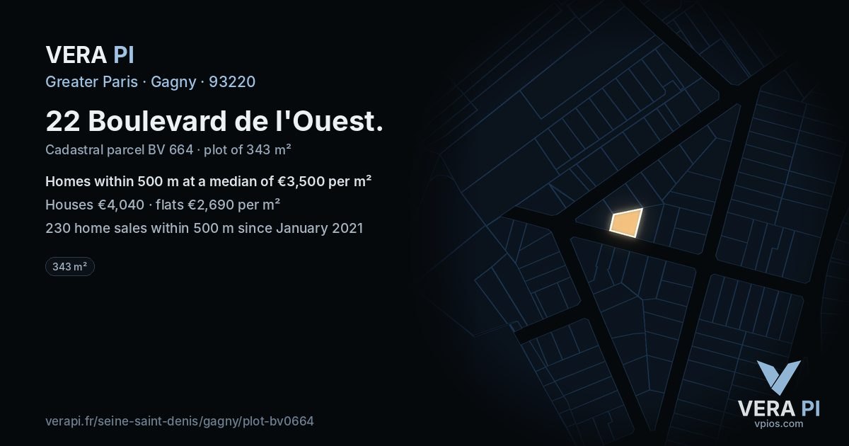 22 Boulevard de l'Ouest, Gagny at night – the plot lit, the parcels around coloured by the prices near them