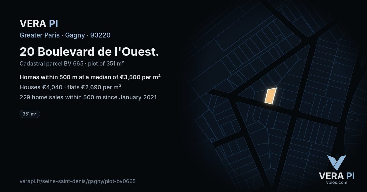 20 Boulevard de l'Ouest, Gagny at night – the plot lit, the parcels around coloured by the prices near them