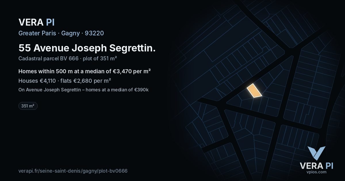 55 Avenue Joseph Segrettin, Gagny at night – the plot lit, the parcels around coloured by the prices near them