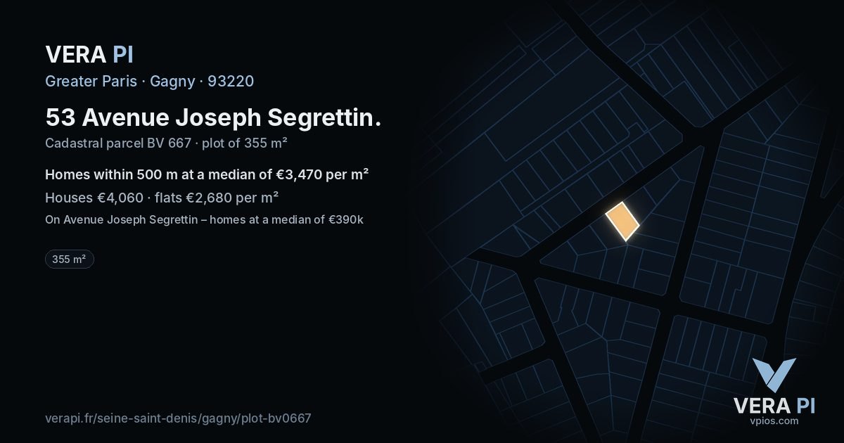53 Avenue Joseph Segrettin, Gagny at night – the plot lit, the parcels around coloured by the prices near them