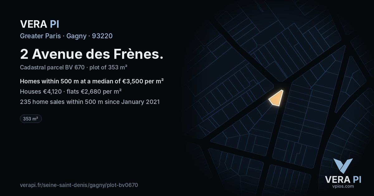 2 Avenue des Frènes, Gagny at night – the plot lit, the parcels around coloured by the prices near them